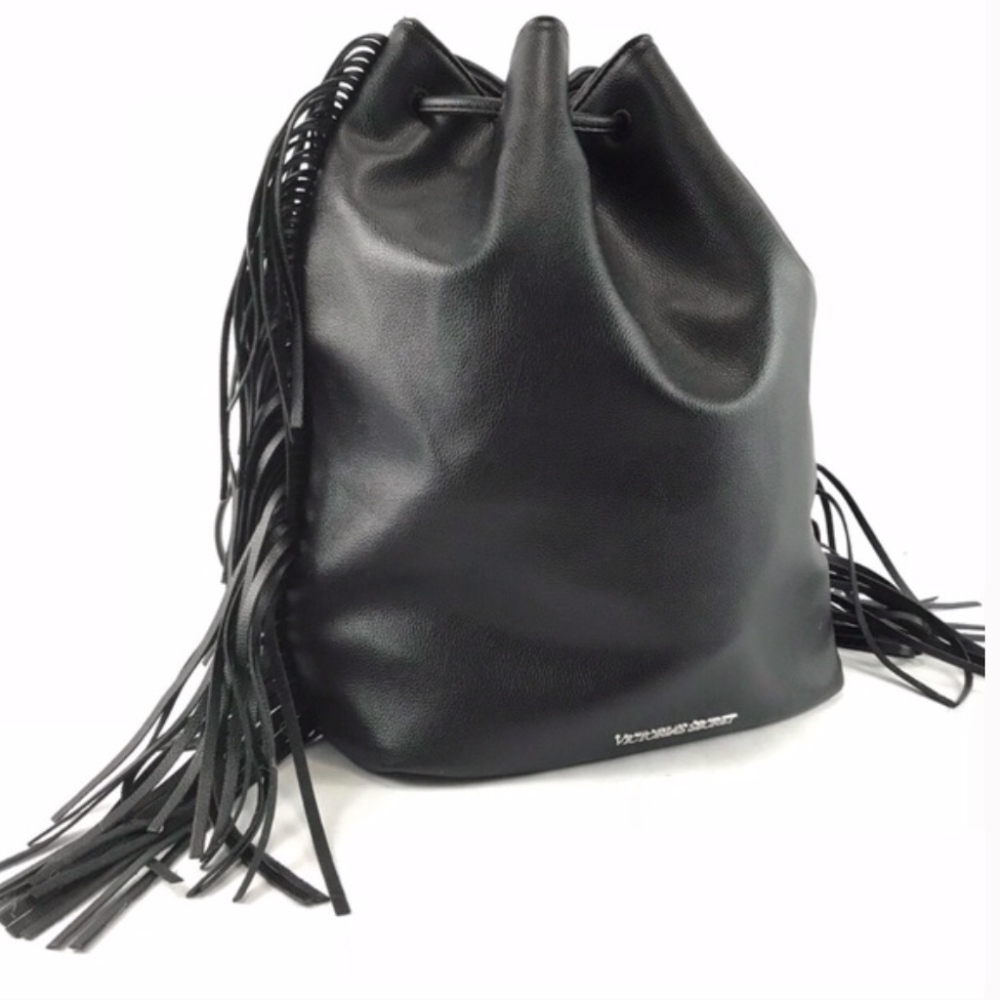 Victorias Secret Black Faux Leather Drawstring Bag